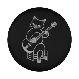 Minimalist cat playing guitar sitting on crate tire cover design