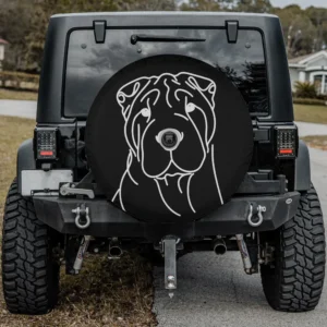 Line art dad mom Shar Pei dog spare tire cover for Ford Bronco with camera hole