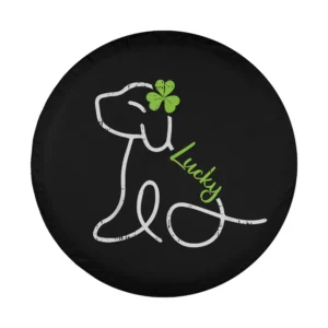 Minimalist line art dog with shamrock and lucky text St Patricks Day design