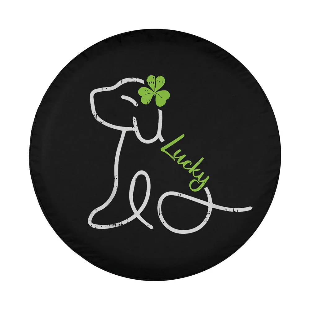 Minimalist line art dog with shamrock and lucky text St Patricks Day design