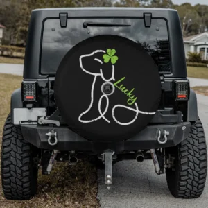 Line art dog shamrock lucky text spare tire cover for Jeep, with backup camera hole