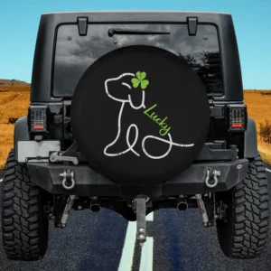 Line art dog shamrock lucky text spare tire cover for Jeep, black background, no camera hole