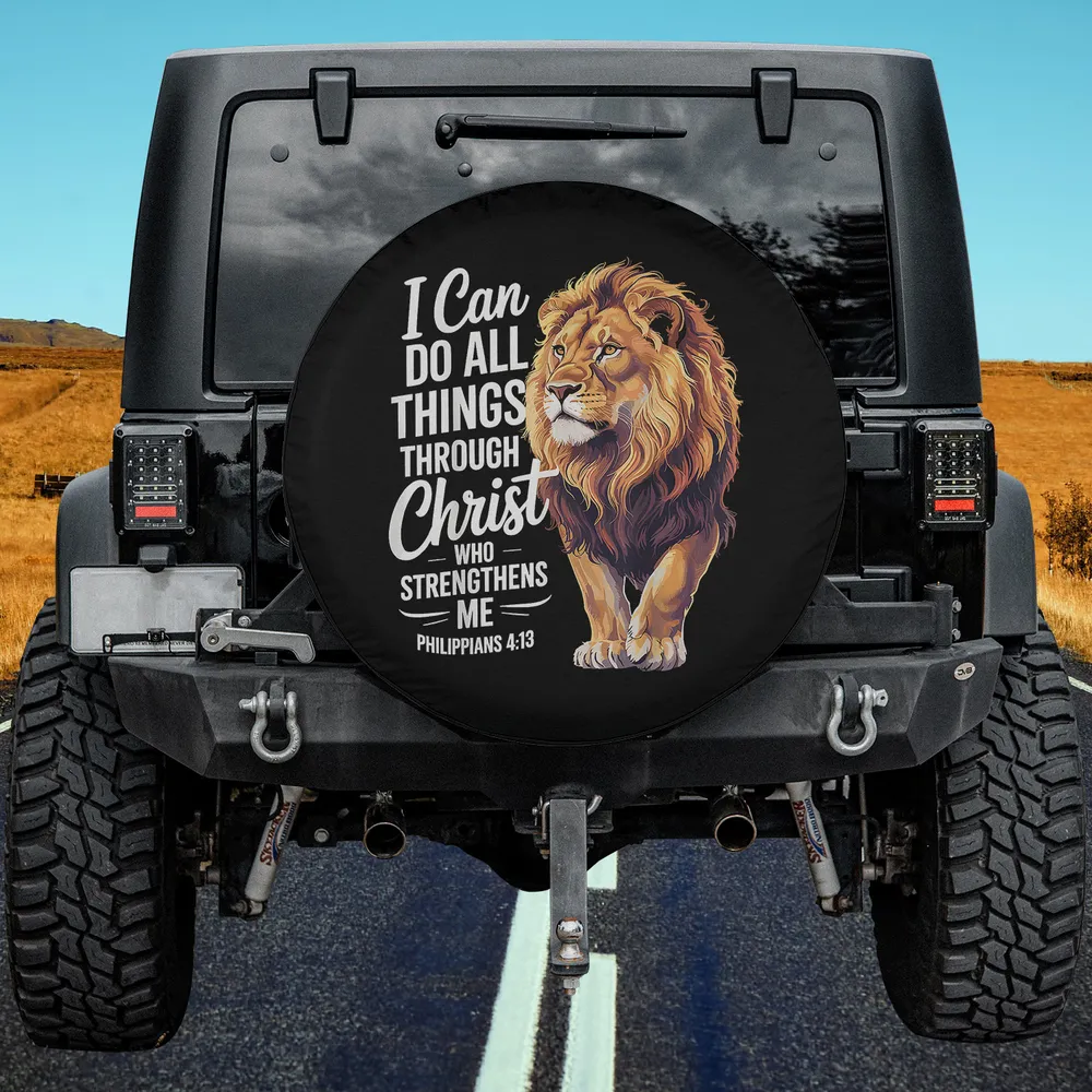 lion christian faith scripture camper spare tire cover with Philippians 4:13, no camera hole