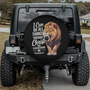 lion christian faith scripture camper spare tire cover with backup camera hole Philippians 4:13