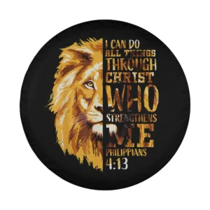 Lion face gold Christian Bible verse Philippians 4:13 design for spare tire cover