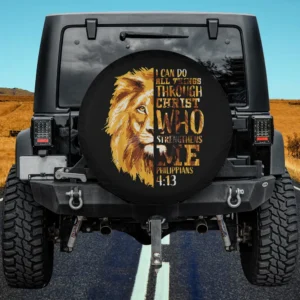 Lion face gold Christian Bible verse Philippians 4:13 spare tire cover for Honda HRV, no camera hole