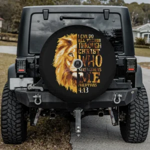 Lion face gold Christian Bible verse Philippians 4:13 spare tire cover for Honda HRV, with camera hole