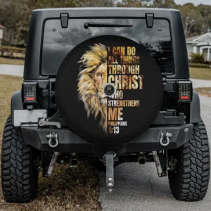 Lion face scripture Christian faith spare tire cover for Jeep Cherokee with camera hole