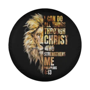 Design of lion face scripture Christian faith spare tire cover Philippians 4:13