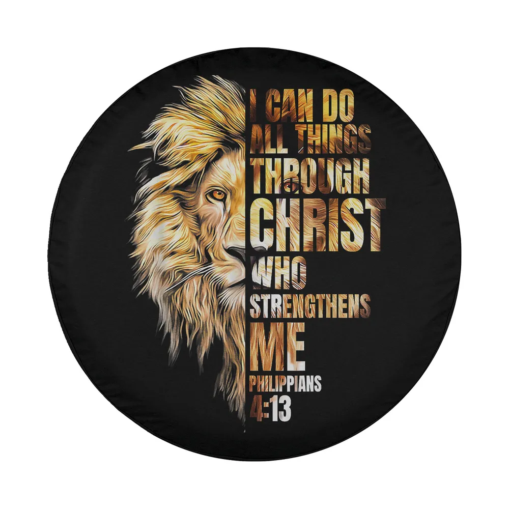 Design of lion face scripture Christian faith spare tire cover Philippians 4:13