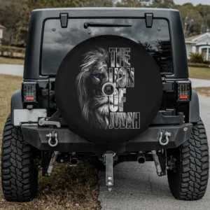 Blue eyed Lion of Judah Christian faith spare tire cover for Ford Bronco Sport, with camera hole