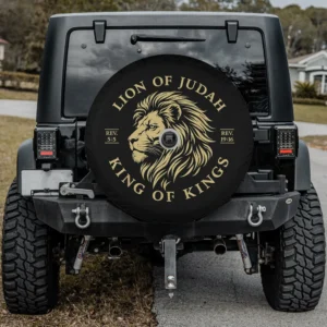 Lion of Judah King of Kings Christian faith gold mane spare tire cover with camera hole for Ford Bronco Sport
