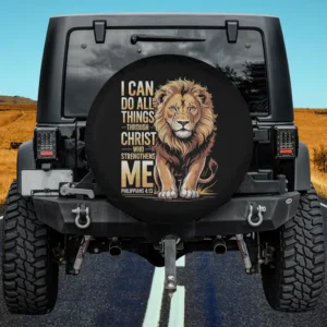 Lion and Philippians 4 13 scripture Christian faith spare tire cover no camera hole
