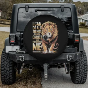 Lion scripture Philippians 4 13 Christian faith spare tire cover with camera hole