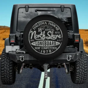 Long board North Shore surf vintage Hawaii beach spare tire cover with chalkboard retro design, no camera hole