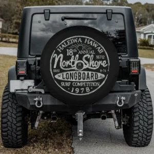 Long board North Shore surf vintage Hawaii beach spare tire cover, backup camera hole, surf competition graphic
