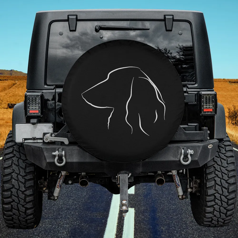long haired dachshund line art wiener dog spare tire cover on Jeep