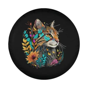 Hand-drawn magical floral cat with colorful leaves and flowers design