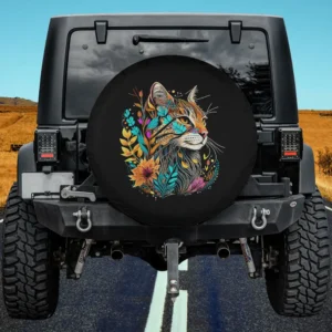 Magical floral cat colorful leaves spare tire cover on Jeep in nature