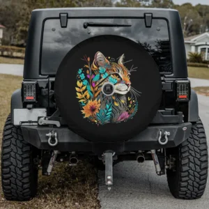 Magical floral cat colorful leaves spare tire cover with backup camera hole