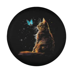 Maine Coon cat and blue butterfly night sky illustration for spare tire cover