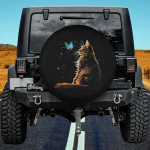 Maine Coon cat gazing at blue butterfly under night sky spare tire cover with no camera hole