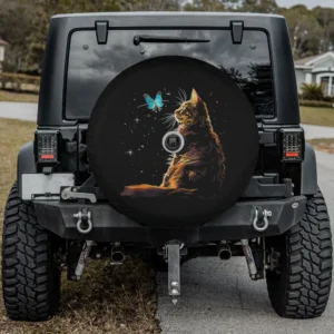 Maine Coon cat and blue butterfly night sky spare tire cover with backup camera hole