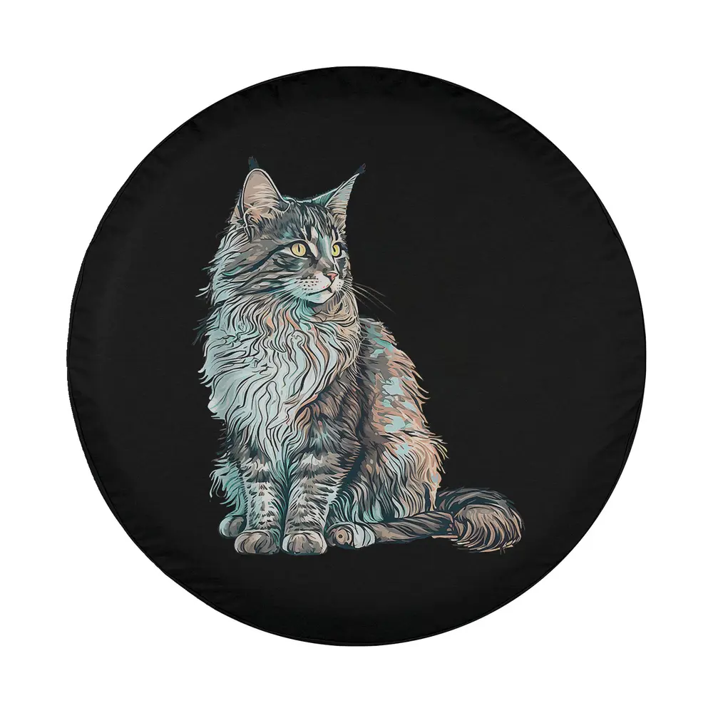 Hand-drawn Maine Coon cat colorful mom lady illustration for tire cover