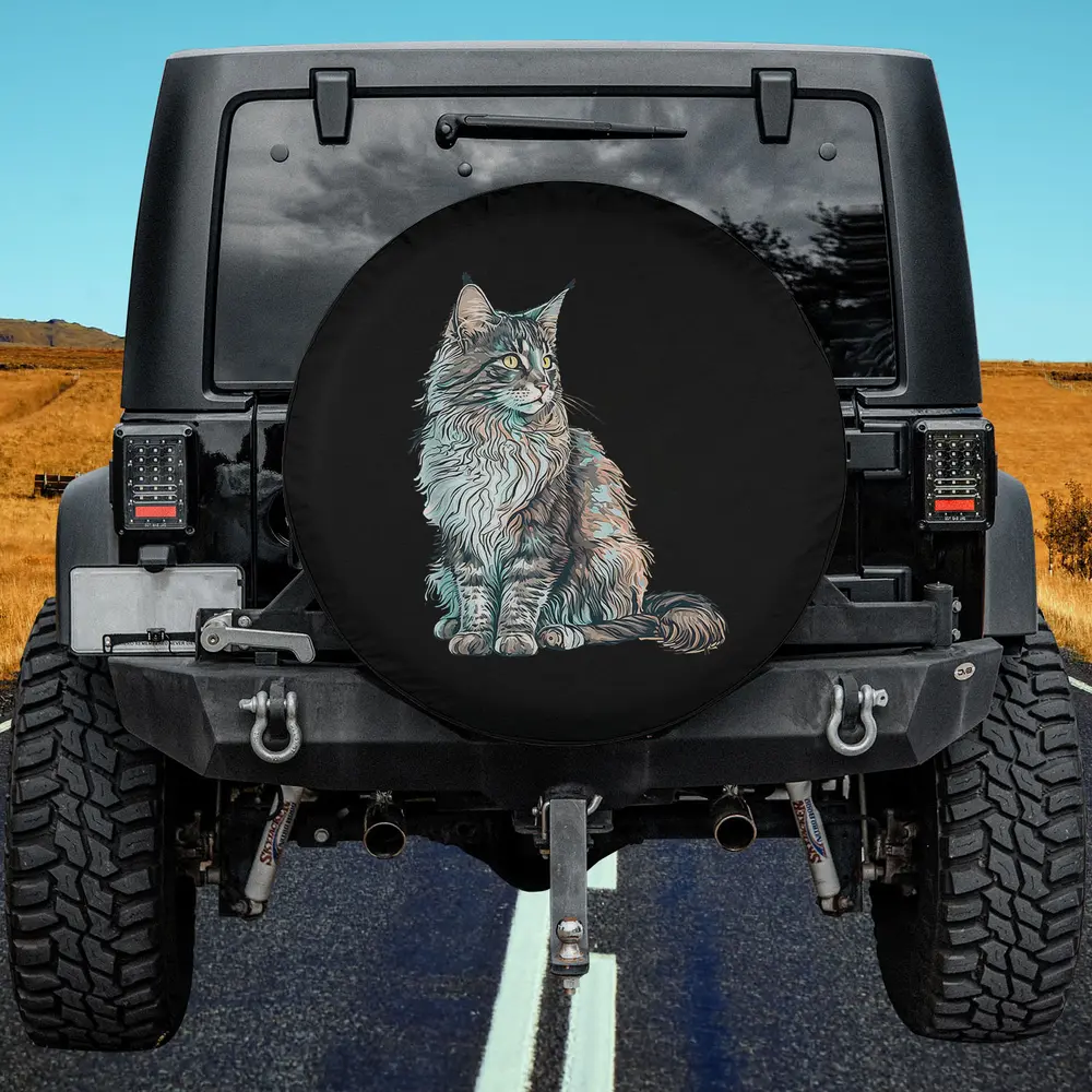 Maine Coon cat colorful mom lady spare tire cover with no camera hole on Jeep