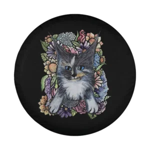 Hand-drawn Maine Coon cat surrounded by flowers illustration for spare tire cover