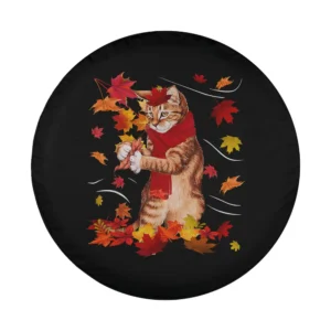 Autumn maple cat with red scarf surrounded by leaves design only