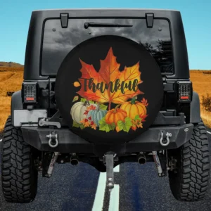 Maple leaf pumpkins thankful thanksgiving spare tire cover on Jeep with no camera hole
