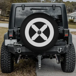 Black white House of X Power of X logo spare tire cover for Bronco with camera hole