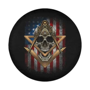 Closeup of Masonic American flag skull compass design on spare tire cover