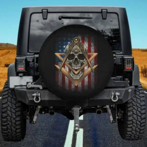 Masonic American flag skull compass spare tire cover with no camera hole for Jeep, Bronco, SUV