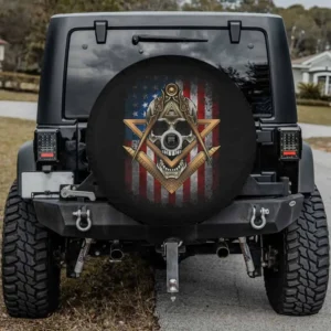 Masonic American flag skull compass spare tire cover with backup camera hole for Ford Bronco, Jeep