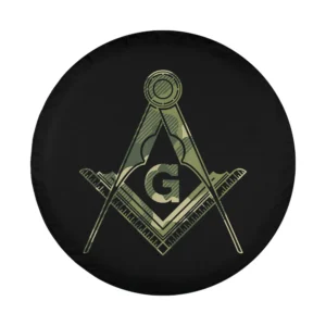 Closeup of Masonic square compass camo camouflage design for spare tire cover