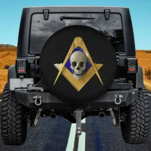 Masonic square compass skull Freemason spare tire cover with gold emblem, no camera hole