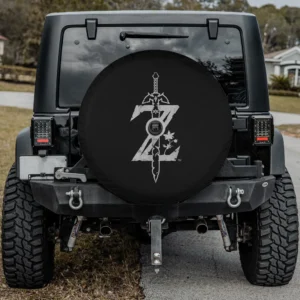 Master Sword Zelda logo with Hylian leaf spare tire cover for Land Rover Defender, with camera hole