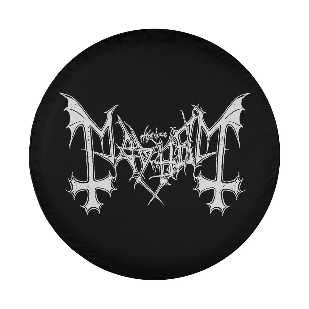Mayhem band logo gothic monochrome design for Ford Bronco spare tire cover