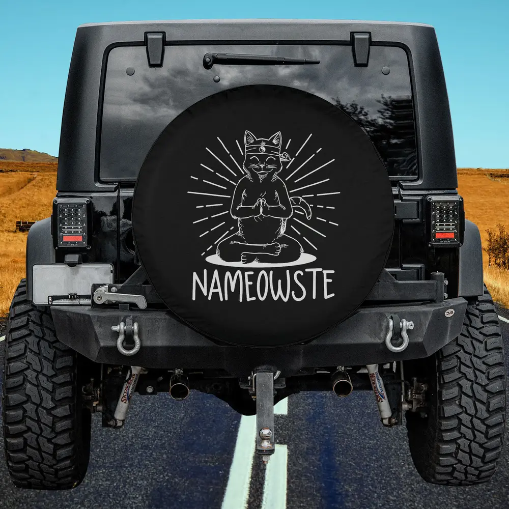 meditating yoga cat nameowste funny spiritual spare tire cover on Jeep