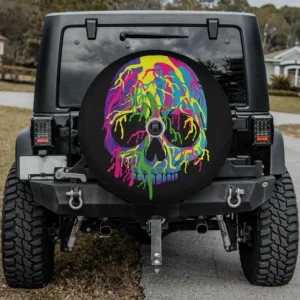 Melting colorful skull Halloween spare tire cover with camera hole