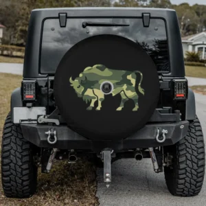 Military camo bison silhouette utility trailer spare tire cover with camera hole