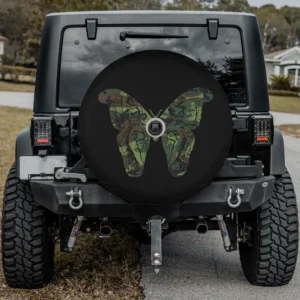Military camouflage butterfly graphic spare tire cover for utility trailer with camera hole