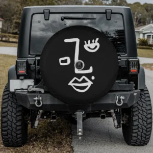 Minimalist abstract line art feminine face spare tire cover for Ford Bronco Sport, with camera hole