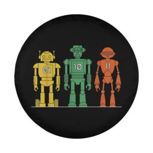 Minimalist binary robots coding geek design with three colorful robots and binary numbers