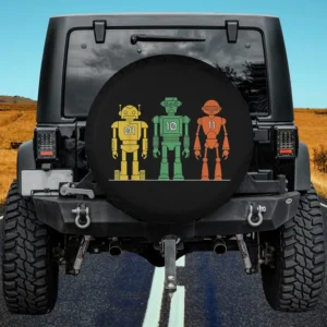 Minimalist binary robots coding geek spare tire cover with yellow, green, orange robots for travel trailer, Jeep, RV