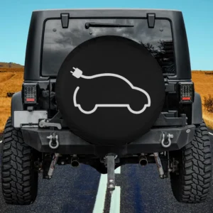 Minimalist electric car outline on black spare tire cover without camera hole