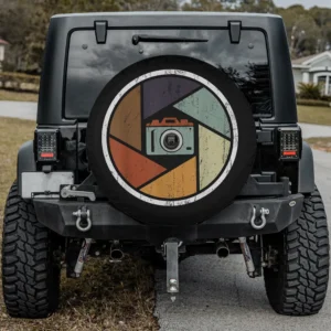 Minimalist retro camera aperture photographer spare tire cover with backup camera hole