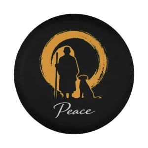 Minimalist zen monk and dog silhouette with gold circle and peace text design